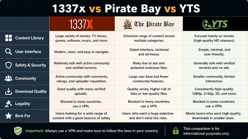 1337x vs The Pirate Bay vs YTS: Which Torrent Site Is Best in 2026